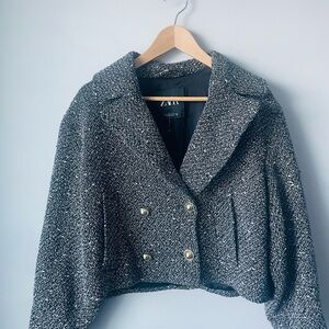 Zara Women's Black and White Tweed Blazer